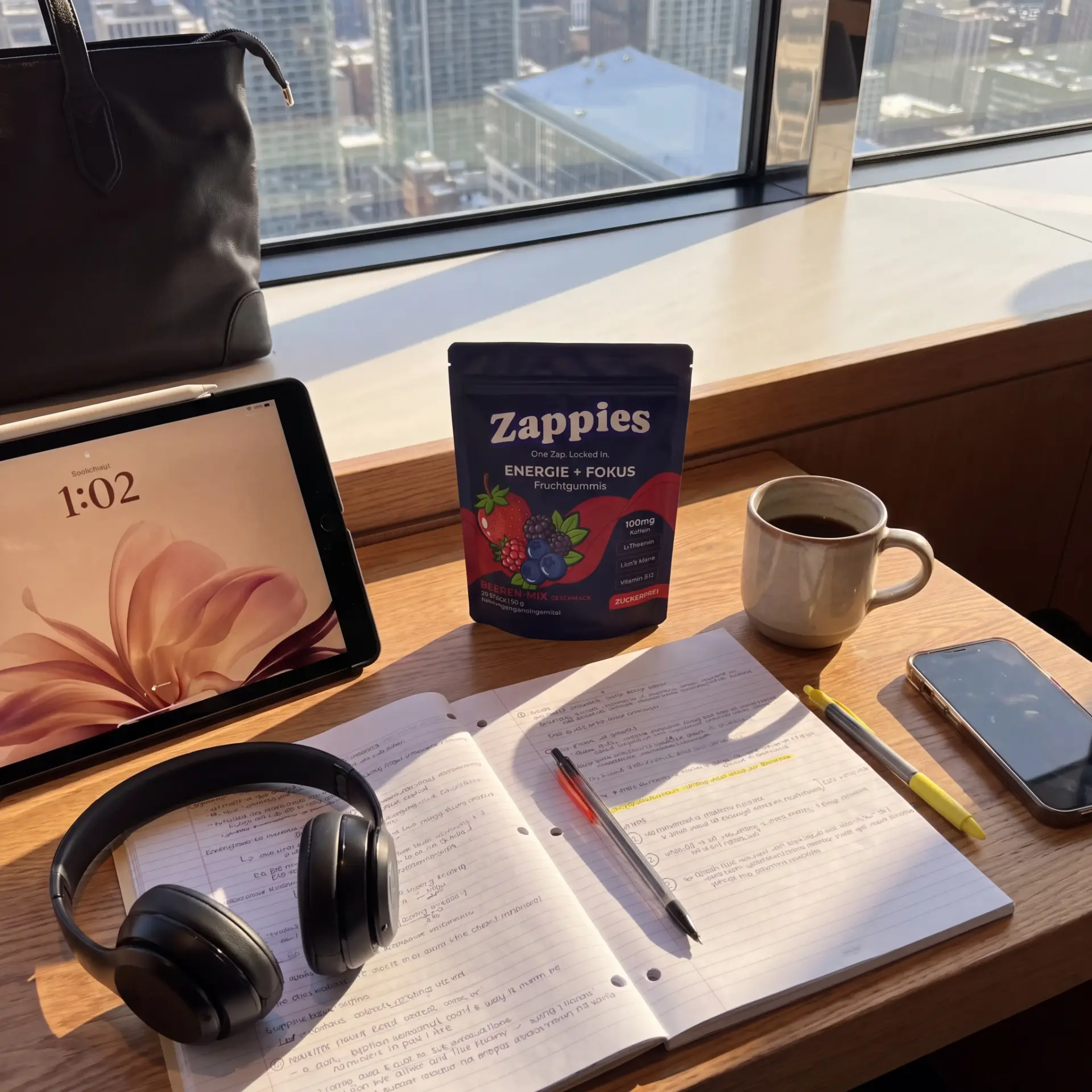 ZAPPIES Beutel auf einem Schreibtisch mit iPad, Notizbuch und Kaffee vor einer Fensterfront