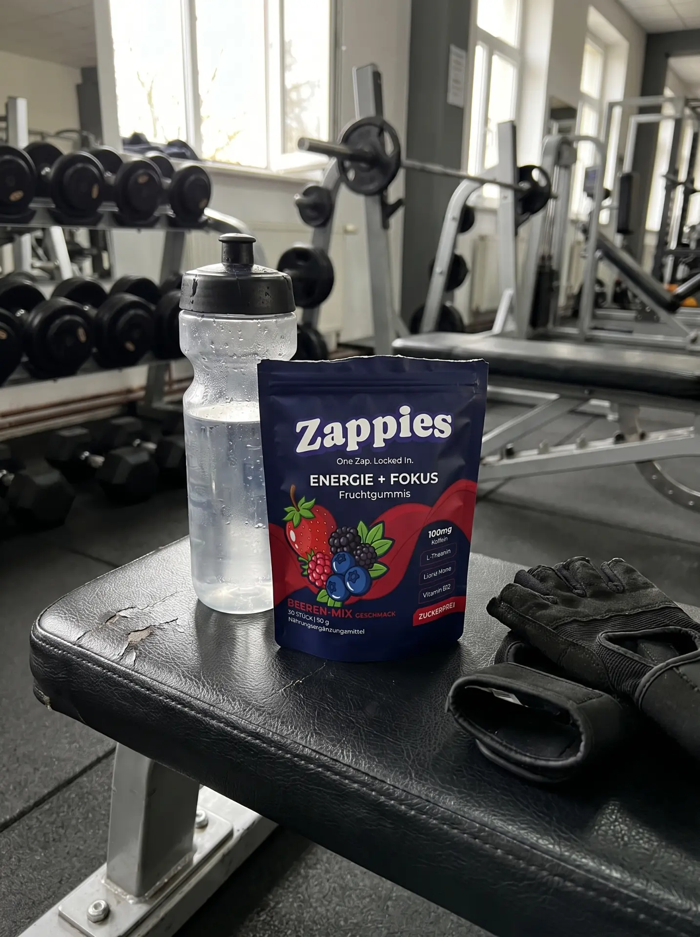 Hand nimmt ein Fruchtgummi aus dem geöffneten ZAPPIES Beutel