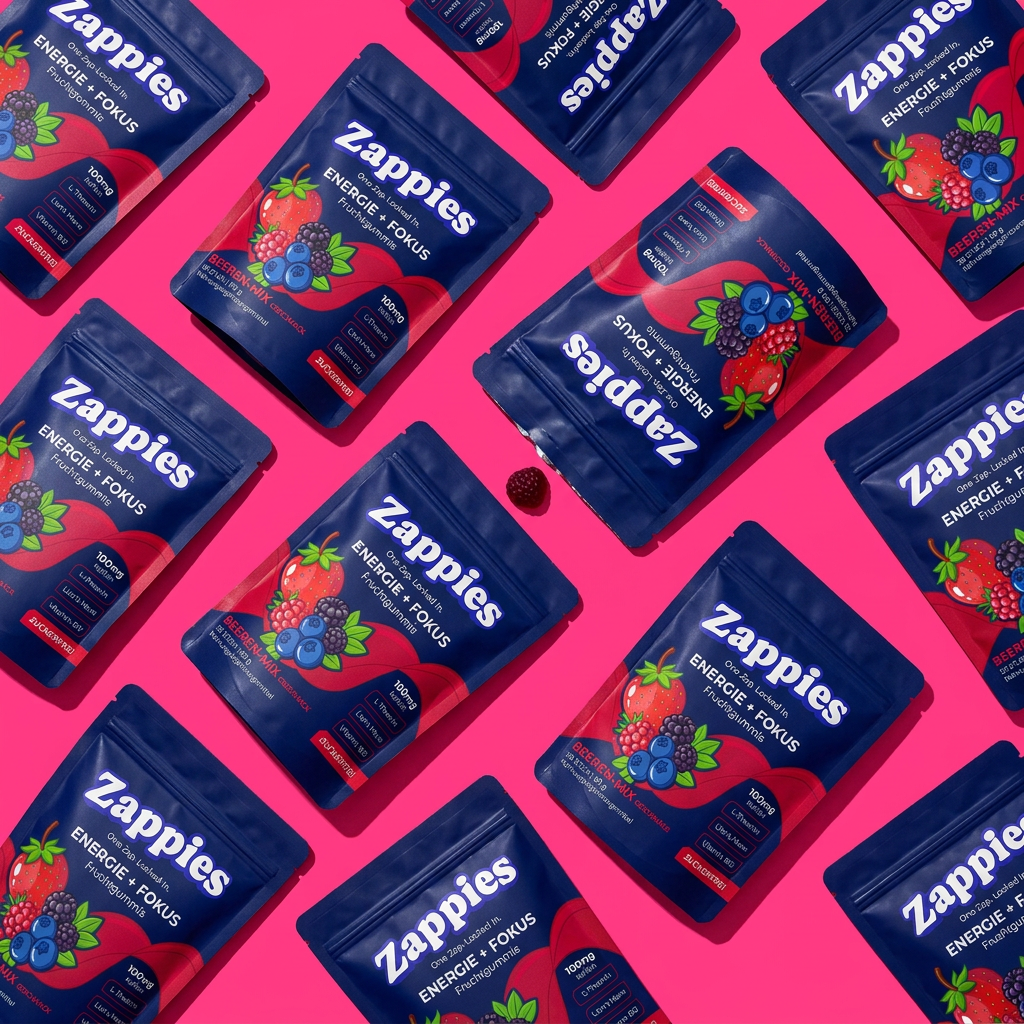 ZAPPIES Energie-Fruchtgummis Beutel im Flatlay auf pinkem Hintergrund