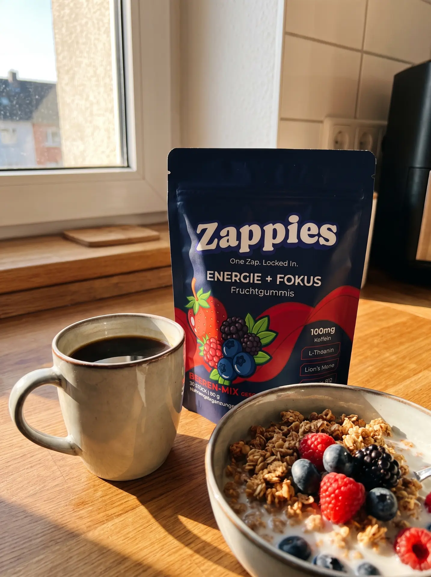 ZAPPIES Beutel neben Kaffeetasse und Müslischale auf einem Küchentisch