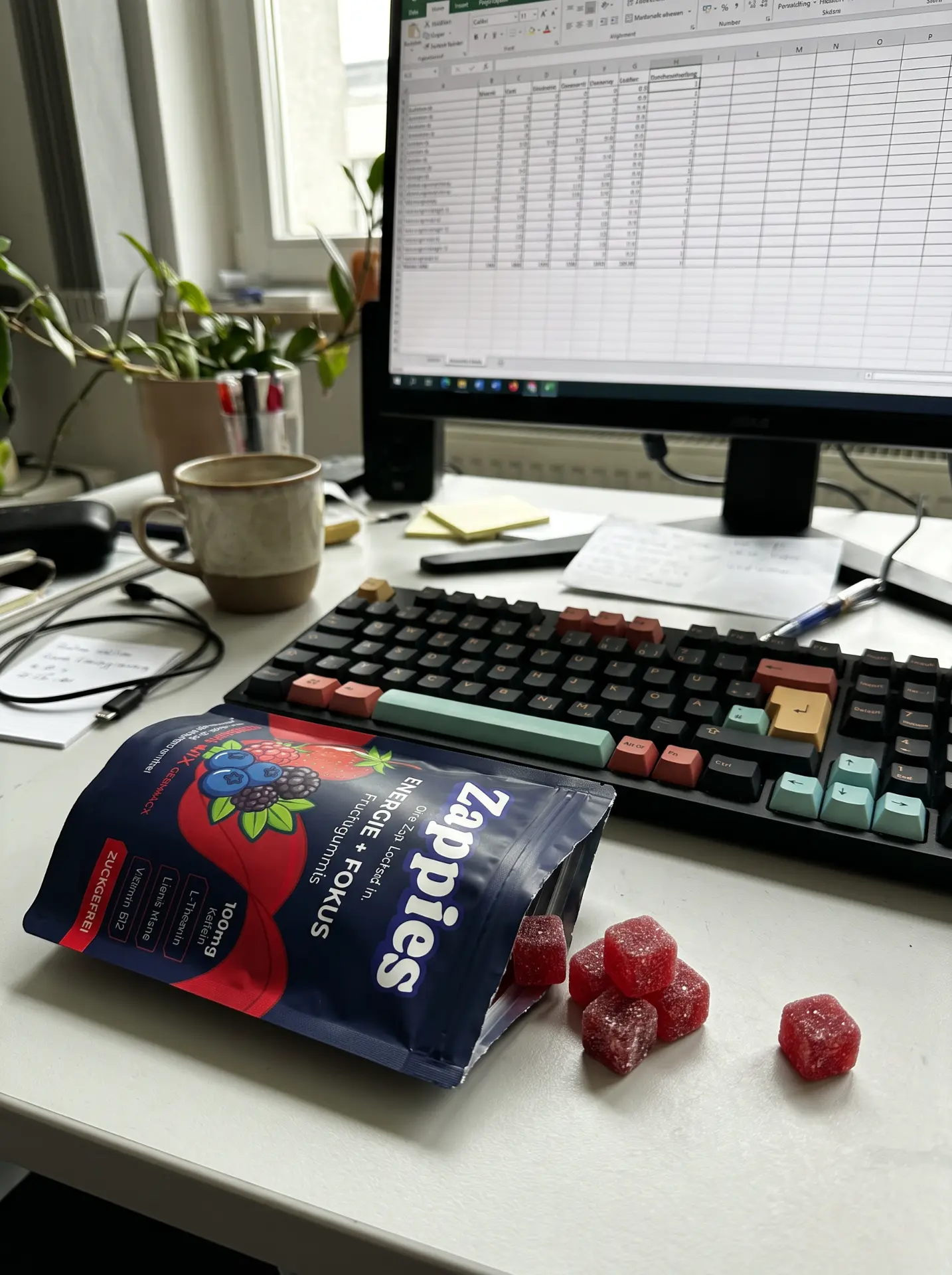 Offener ZAPPIES Beutel mit Fruchtgummis auf einem Schreibtisch neben Tastatur und Monitor